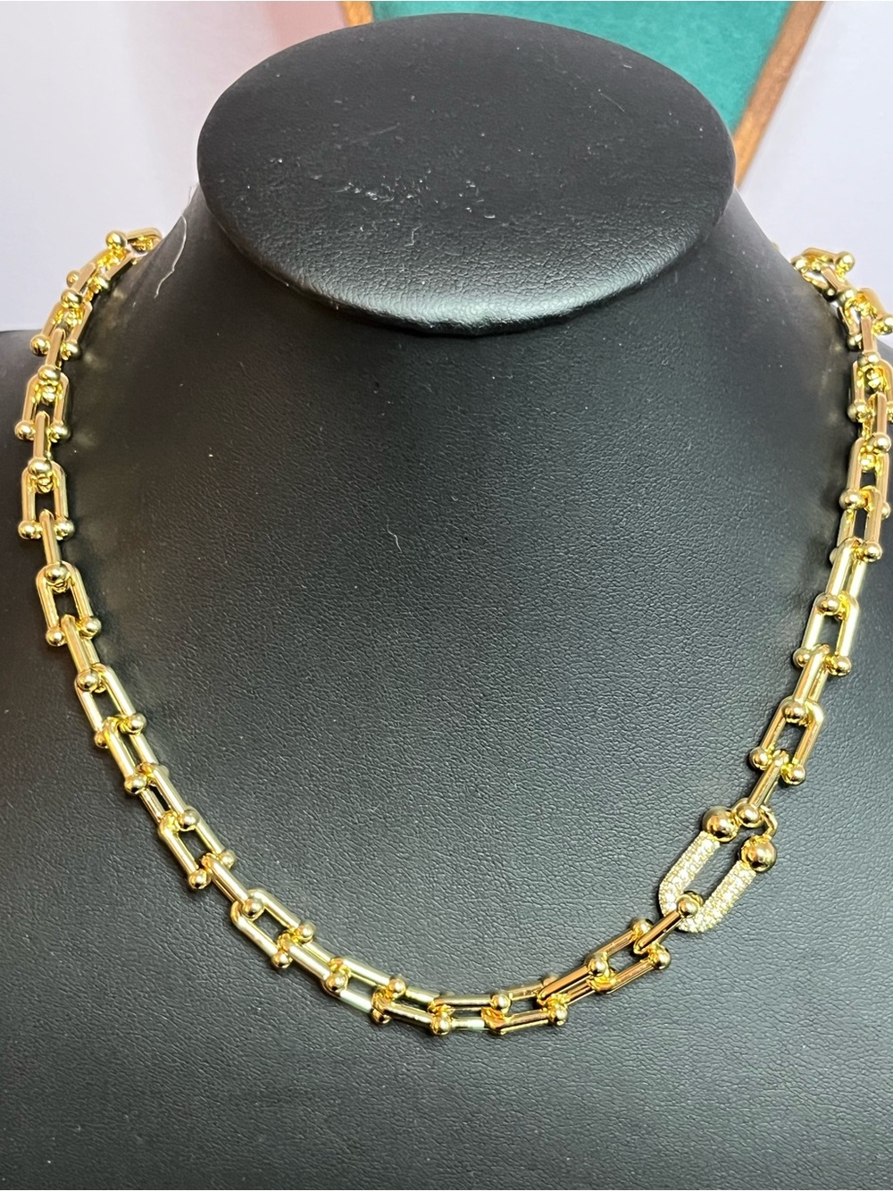 Gold Hardware Link Chain Necklace w/ CZ Statement Link 16-18” Smooth & Classic
